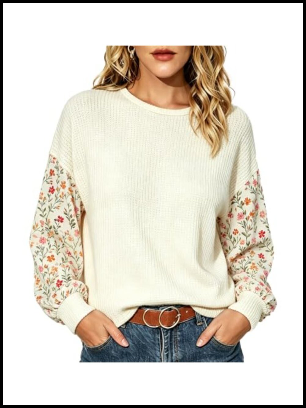 Floral Lantern Long Sleeve Pullover Blouse Round Neck Casual Autumn Top
